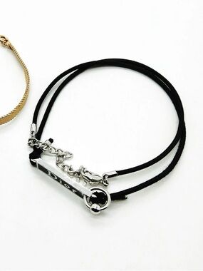 Vintage Christian Dior Silver Logo Tag Black String Double-Layered Wrap Bracelet